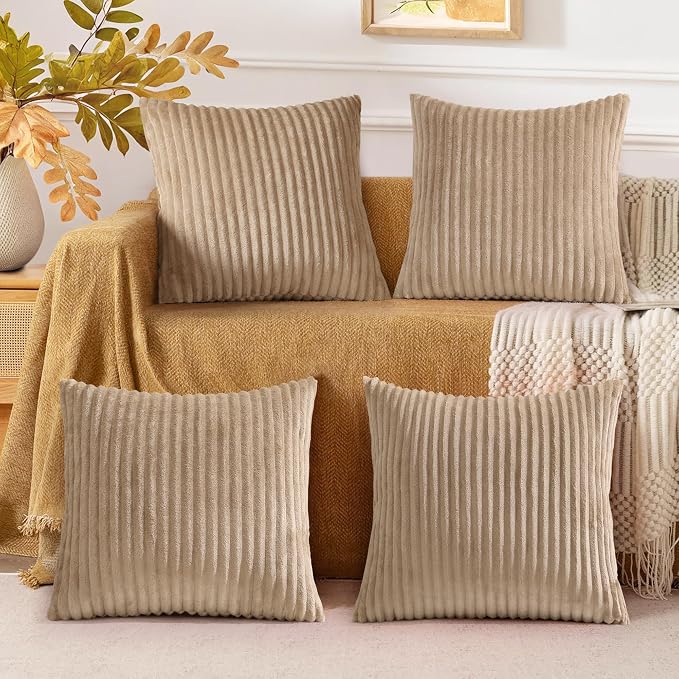 decorUhome Flannel Light Brown Throw Pillow Covers 18X18 Set of 4 | Decorative Fall Soft Fluffy Striped Double-Sided Couch Pillow Covers, Modern Farmhouse Pillow Cases for Sofa bed Home Decor