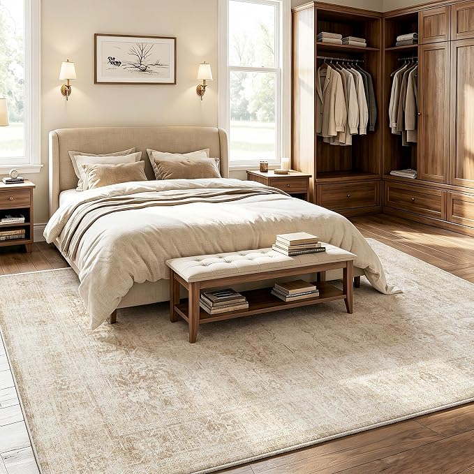 Beauoop 5x7 Washable Beige Neutral Vintage Large Area Rug for Living Room | Distressed Oriental Retro Traditional Non Slip Low Pile Thin Soft Indoor Rug Cream Pattern Bedroom Dining Room Office Nursery