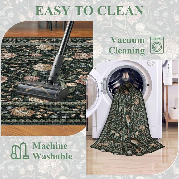 DUKINO 5x7 Area Rug, Vintage Floral Washable Rug for Living Room Dark Green | Non Slip, Low Pile, Non-Shedding, Stain Resistant Lightweight Boho Soft Carpet for Bedroom Home Office Dining Room Farmhouse