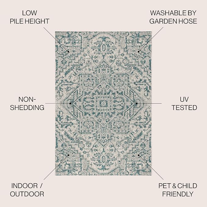JONATHAN Y Boho Medallion Indoor Outdoor Area Rug 3X5 Teal/Gray, Estrella Textured Weave for Backyard, Patio, Porch, Easy-Cleaning, High Traffic, Pet-Friendly, Non-Shedding (SMB105C-3)