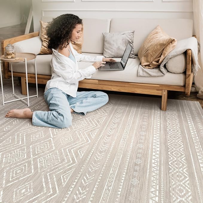 Tortania Area Rug Living Room Rugs - 9x12 Washable Large Soft Neutral Boho Moroccan Bohemian Farmhouse Rug Indoor Floor Carpet for Bedroom Under Dining Table Home Office Decor - Taupe