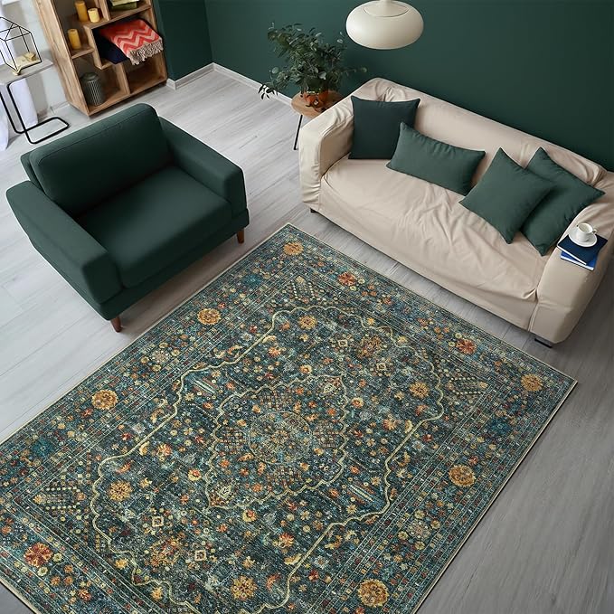 Keen Home Design 5x7 Rug - Machine Washable Area Rug with Non-Slip Backing, Ideal for Living Room, Dining Room, Bedroom - Vintage, Easy Clean, Durable, Low Pile Rug - (5' x 7')