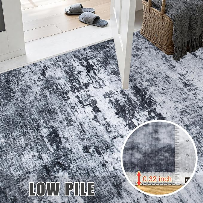 2'x5'Runner Rug Washable Rug: Modern Abstract Soft Thin Runner Rug Black