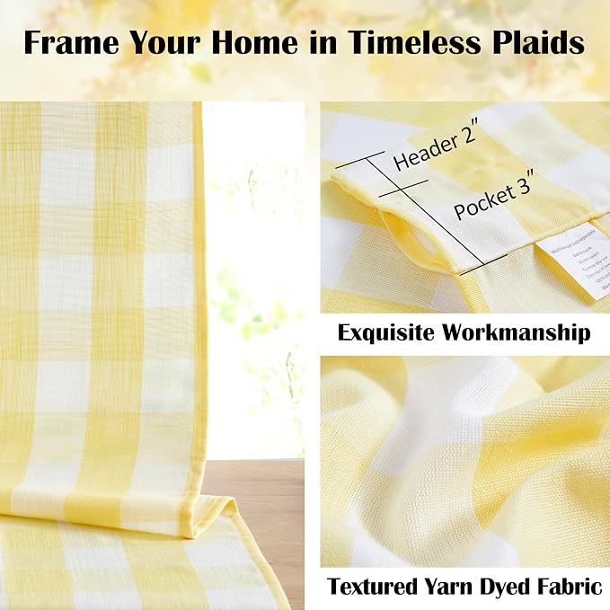 Yellow White Buffalo Plaid Semi Sheer Curtains 63 Inches Length | Farmhouse Window Treatment Bedroom Nursery Room,Short Checkered Drapes,Yarn Dyed Fabric,Rod Pocket,40"Wx63"Lx2