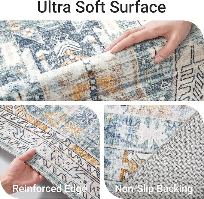 befbee 6x9 Area Rugs for Living Room - Stain Resistant Machine Washable Rugs for Bedroom,Non-Slip Backing Large Area Rug (Blue/Gold, 6'x9')