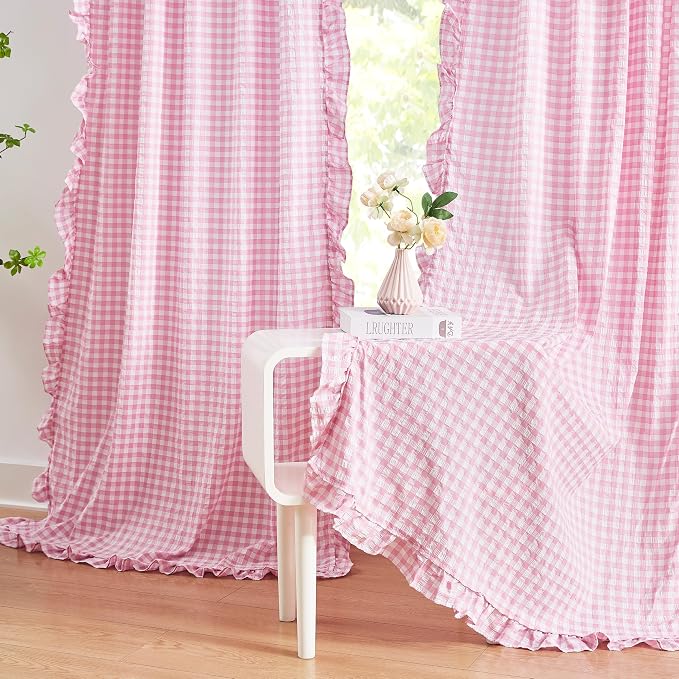 ZJDECOR Light Pink Buffalo Plaid Ruffle Curtains 84 Inch for Girls Room | Crinkled Not-See-Through Sheer Drapes,Shabby Chic Window Treatment,Bedroom Living Room,Rod Pocket,40"Wx84"L,Pack of 2