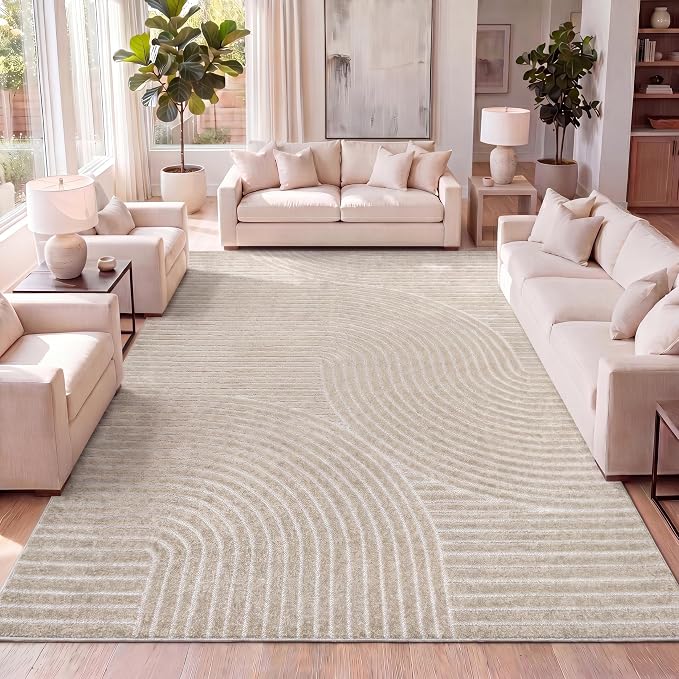 JONATHAN Y Hallie High-Low Curve Beige/Cream 4x6 Indoor/Outdoor Area Rug, Minimalist Geometric, Pet Friendly, for Patio, Backyard, Living Room, Bedroom, Office, Hose-Washable (SCN100D-4)