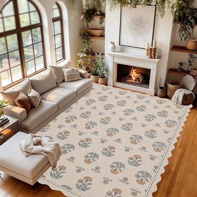 ORTIGIA Scalloped Easy Jute 5x7 Area Rug Vintage Yellow Floral Farmhouse Washable Rug Non-Slip Indoor Outdoor Carpet for Living Room Bedroom Patio Entryway