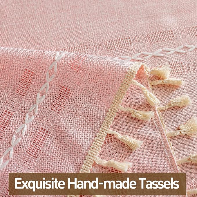 Pink Boho Semi Sheer Curtains 63 inch Length 2 Panel Set for Bedroom & Farmhouse, Bohemian Light Filtering Privacy Drapes Beige Tassels Shabby Chic Embroidery Window Curtains Back Tab & Rod pocket