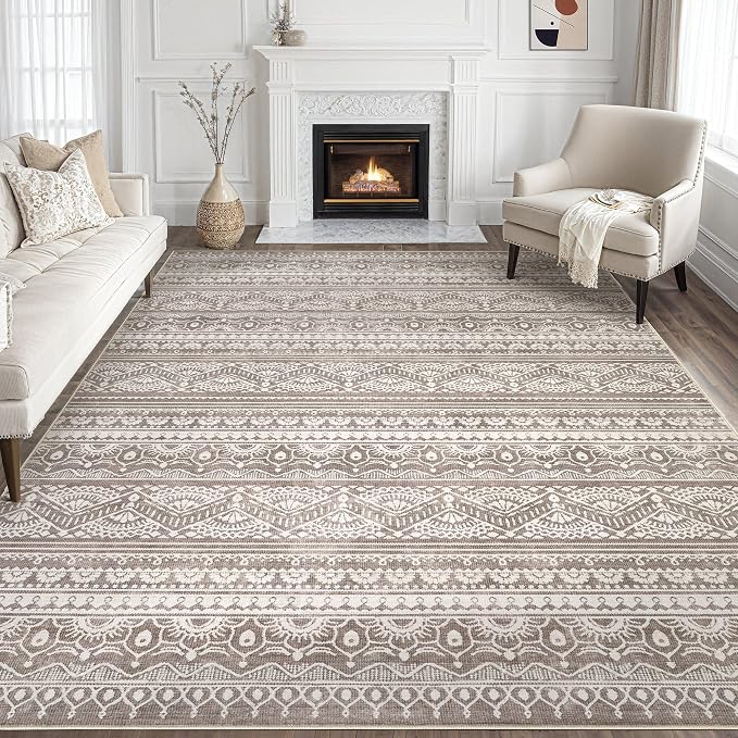 Tortania Area Rug Living Room Rugs - 8x10 Washable Large Soft Neutral Boho Moroccan Bohemian Farmhouse Rug Indoor Floor Carpet for Bedroom Under Dining Table Home Office Decor - Dark Brown
