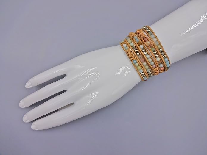 MGR MY GEMS ROCK! 35-Inch Long Multi-Layer Hand Crafted Gemstone and Crystal Multi-Stone Beaded on Genuine Leather Boho Style Stackable Super Wrap Bracelet, up to 5 Wraps.