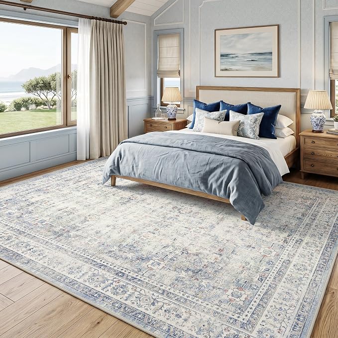 FMFUNCTEX 8x10 Washable Area Rug Blue Neutral Vintage Distressed Oriental Large Non Slip Carpet for Living Room Bedroom Traditional Retro Soft Low Pile Indoor Rugs for Dining Room Office Nursery
