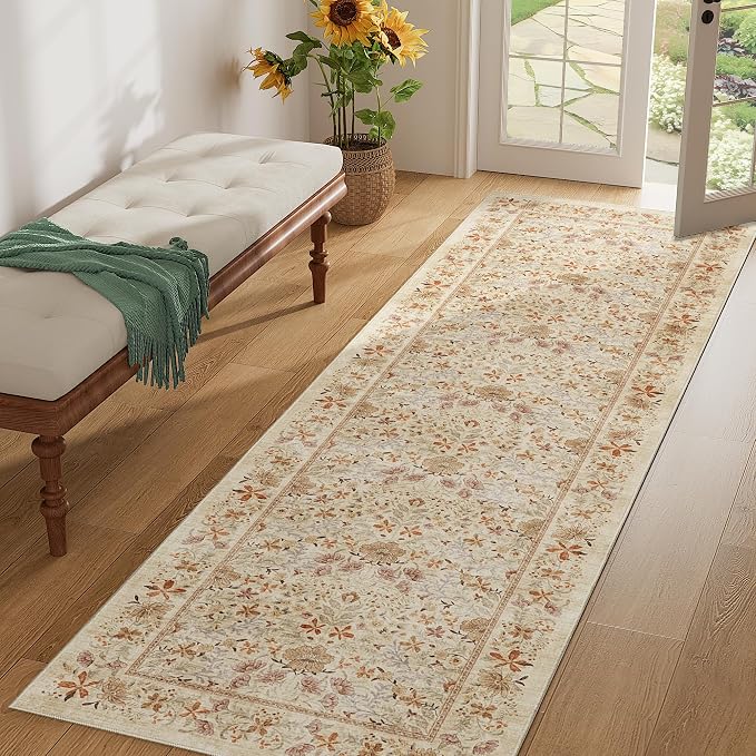 DUKINO 2x10 Runner Rug, Washable Vintage Floral Kitchen Rug, Beige | Non Slip, Low Pile, Non-Shedding, Stain Resistant Soft Long Runner Carpet for Hallway, Bathroom, Bedroom, Entryway, Farmhouse