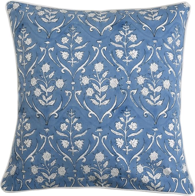 Ridhi Block Print Cornflower Blue Pillow Cover 16" x 16" (Pack of 2) Decorative Couch Pillows for Living Room, Chic Boho Cute Outdoor Pillows Covers Gifts for Spring, Easter and Valentine