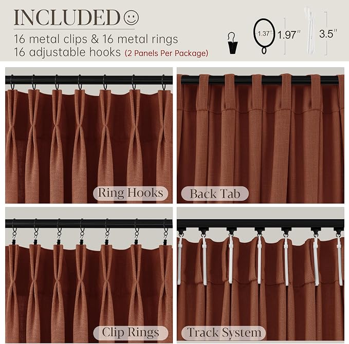 Terracotta Burnt Orange Thick Linen Curtains Pinch Pleated 120 Inch Length 2 Panels for Living Room Bedroom Semi Sheer Light Filtering Heavy Linen Drapes