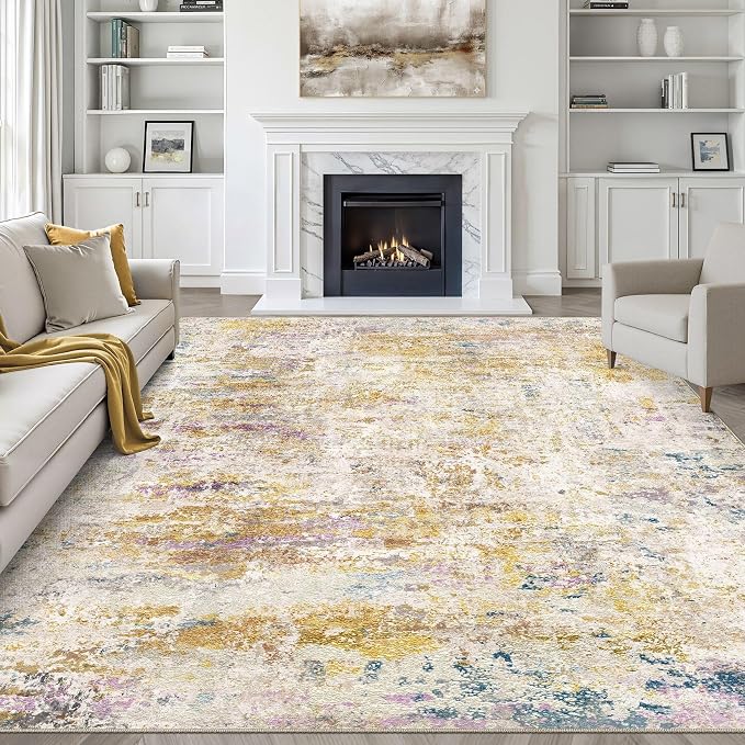 8x10 Area Rugs Living Room: Washable Large Neutral Rug Abstract Soft Modern Stain Resistant Indoor Floor Non-Slip Carpet for Bedroom Nursery Kids Classroom Playroom Dining Room- Gold Multi