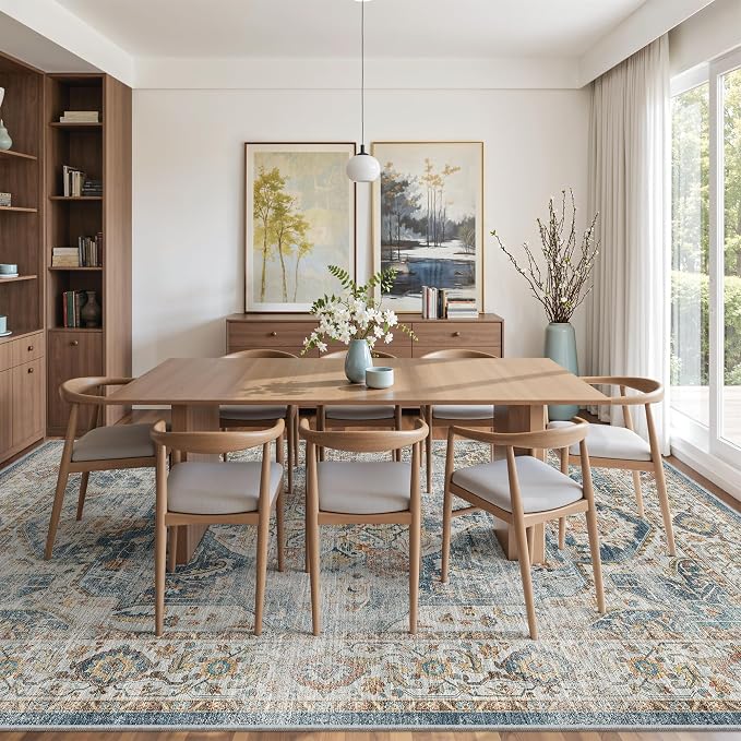 befbee Washable Rug 8x10 Area Rugs for Living Room - Stain Resistant Non-Slip Backing Rugs for Bedroom - Vintage Large Area Rug (Navy, 8'x10')