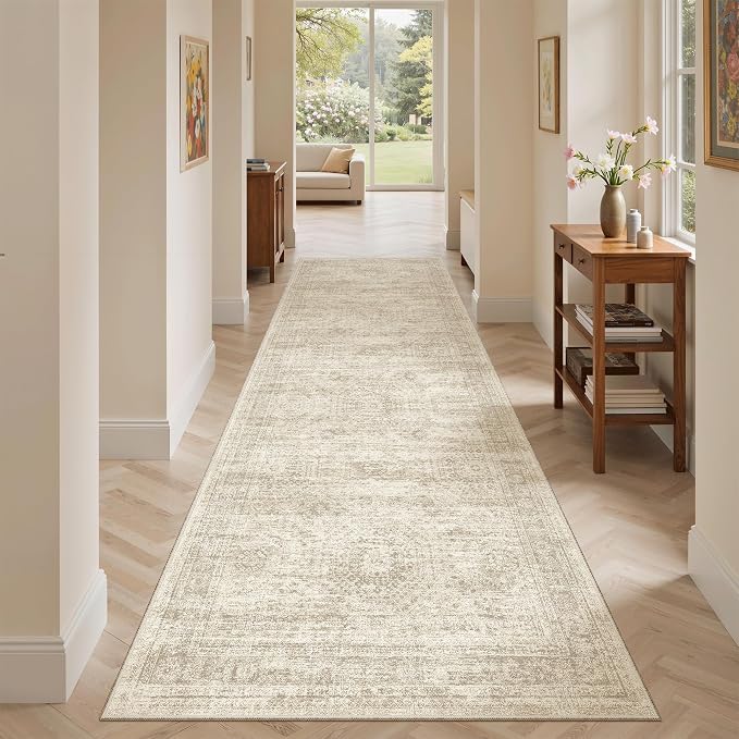 Soalmost Washable Runner Rug, 2'6" x 8' Non-Slip Kitchen Vintage Foldable Hallway Runners for Entryway, Laundry, Bedroom, Beige