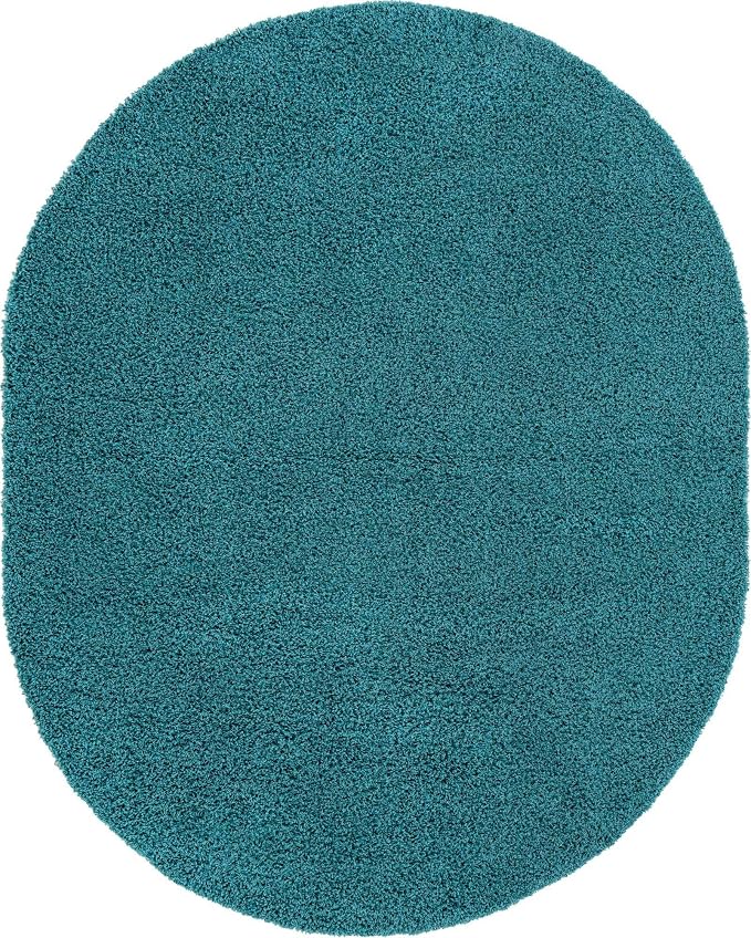 Unique Loom Solid Shag Collection Area Rug (8' x 10' Oval, Deep Aqua Blue)