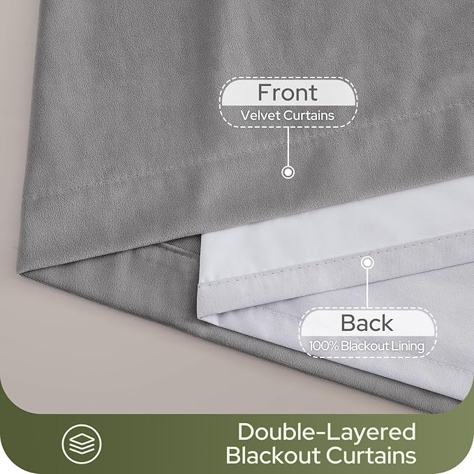 HOMEIDEAS 100% Blackout Silver Grey Velvet Curtains, Thermal Insulated Luxury Velvet Drapes for Bedroom, Living Room, Modern Farmhouse Decor, 52 x 84 Inch, 2 Panels