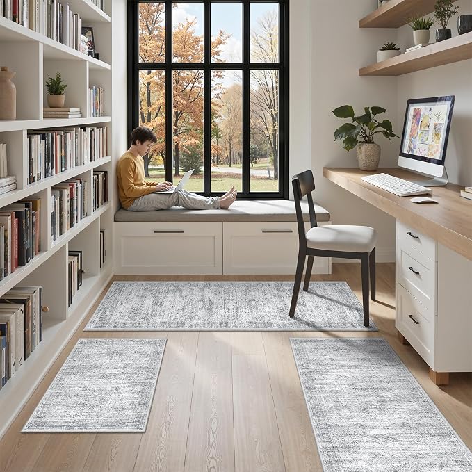 Kitchen Rugs Sets of 3, 2x3 2x4 2x5 Rug Runner,Grey | 3 Piece Washable Rug for Hallway,Entryway,Bedroom,Dining Room,Thin,Soft Runner Rug,Stain Resistant Indoor Carpet,Non Slip
