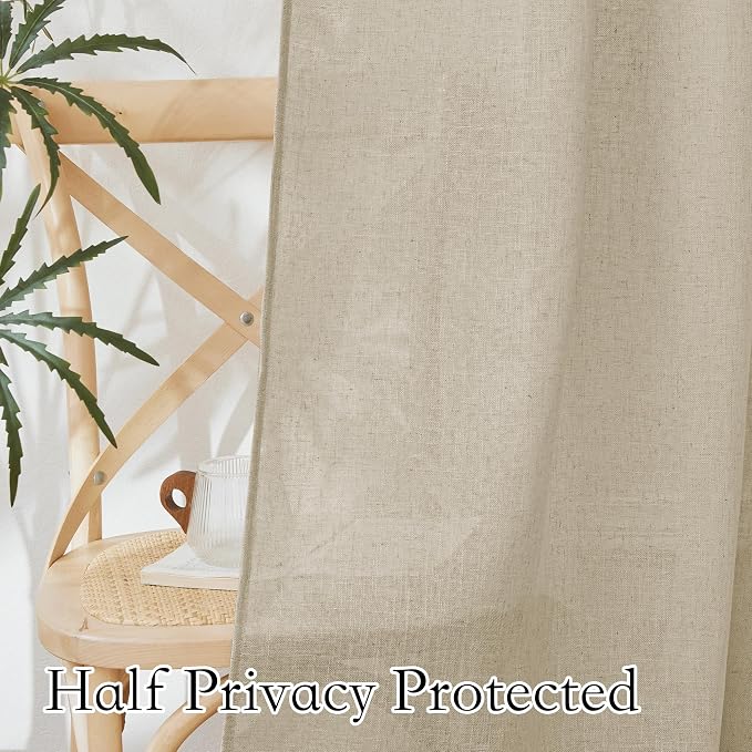 RYB HOME Linen Sheer Curtains - Solid Privacy Textured Semi Sheer Drapes Light Glare Filtering Airy Window Covering for Living Room Bedroom Doorway, Beige, W 52 x L 45 inches Long, 2 Panels