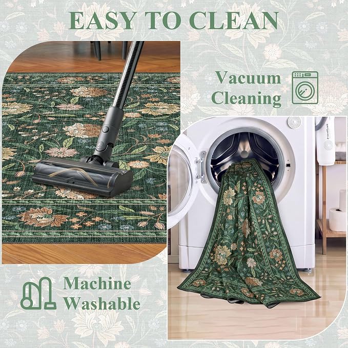 DUKINO 3x5 Rug, Washable Vintage Floral Bedroom Area Rug Non Slip, Green | Low Pile, Non-Shedding, Stain Resistant Boho Lightweight Soft Indoor Carpet for Bathroom Office Dining Living Room Farmhouse