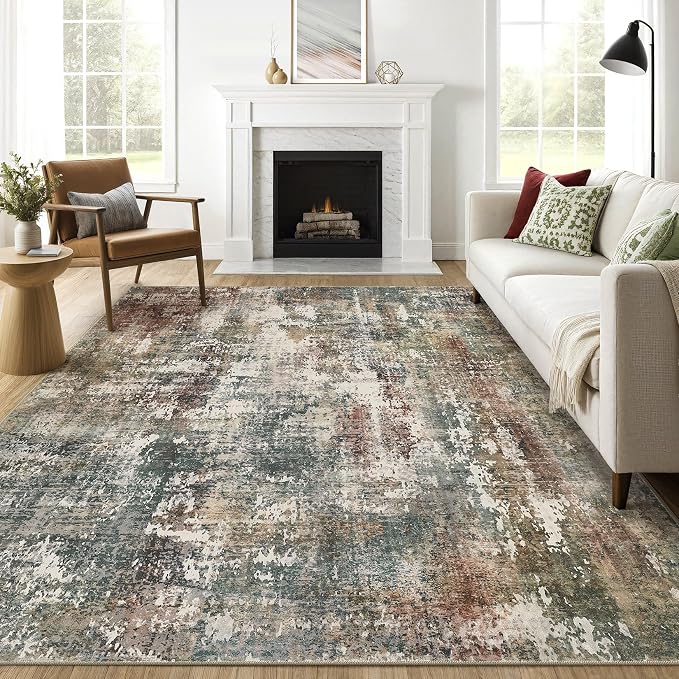 7x9 Area Rug Washable Rugs: Living Room Large Abstract Modern Soft Stain Resistant Indoor Floor Non-Slip Accent Carpet for Bedroom Nursery Playroom Office Dining Room Dorm Home House- Green Red