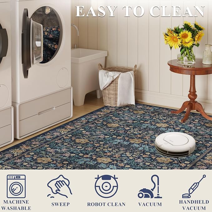 DUKINO 2.6x8 Runner Rug, Washable Vintage Floral Kitchen Rug, Dark Blue | Non Slip, Low Pile, Non-Shedding, Stain Resistant, Soft Throw Carpet Runner for Hallway Bathroom Laundry Entryway Farmhouse