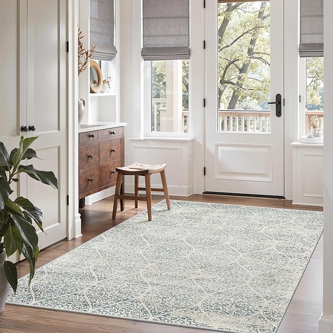 Soalmost Washable Area Rugs 4x6 for Living Room, Moroccan Trellis Soft Rug | Stain Resistant Low Pile Thin Carpet for Dining Room Bedroom Kitchen Home Office Nursery Teal Blue, 4'x6'