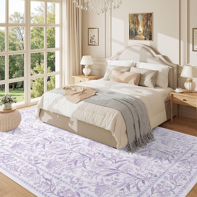 DUKINO 6x9 Area Rug, Vintage Floral Washable Rugs for Living Room, Purple | Non Slip, Low Pile, Non-Shedding, Stain Resistant Soft Large Carpet for Bedroom Home Office Dining Room Farmhouse, Home Decor