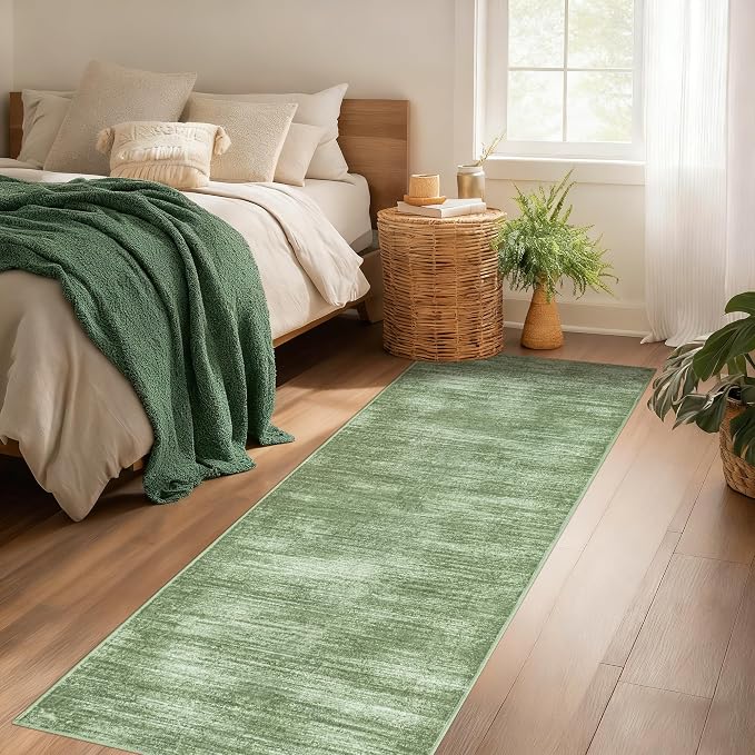 BILEEHOME 2x6 Runner Rug for Hallways Soft Washable Modern Olive Green Rugs | Dark Green Floor Covering Carpet, with Low Pile Non Slip, Neutral Abstract, for Kitchen Bedside Bathroom, 2 x 6, Foldable