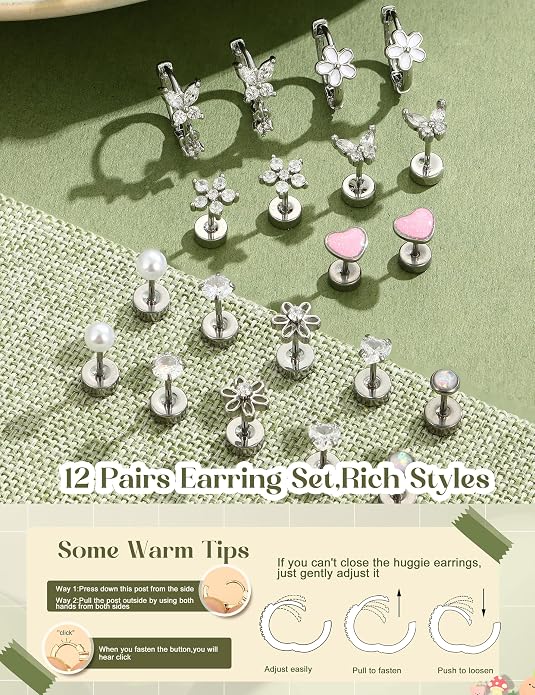 LOLIAS Hypoallergenic Flat Back Earrings for Women Girls-Cute Toddler Kids Teen Girls Earring Set-Surgical Steel Earrings for Sensitive Ears-14K Gold Plated Stainless Steel Flatback Studs Screw Back Small Hoop Cartilage Earring Stacks