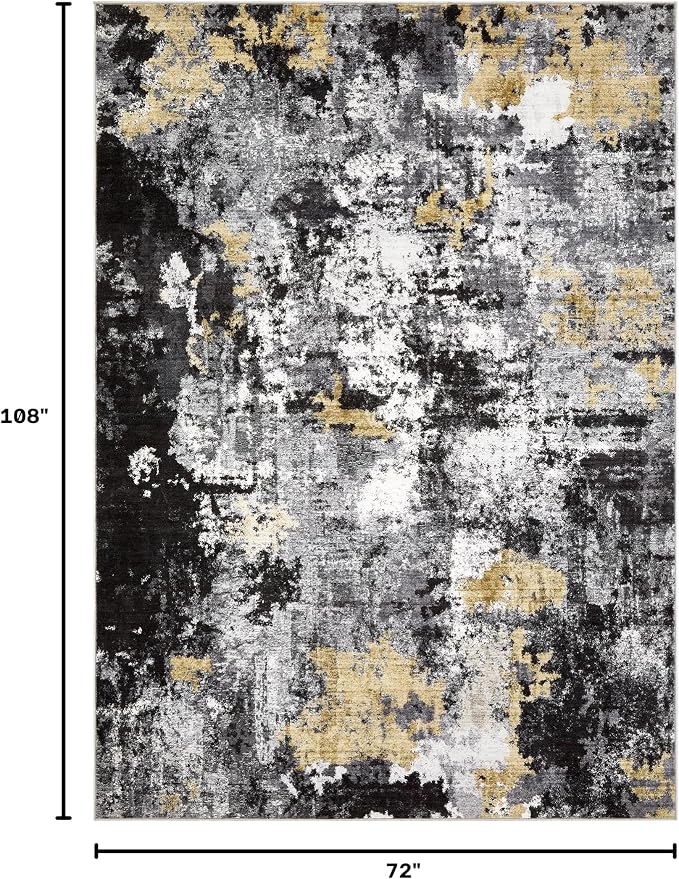 Abstract 6x9 Area Rug: Machine Washable Non Slip Ultra Thin Low-Pile Carpet, Soft Stain Resistant for Living Room Bedroom Nursery, Kid Pet Friendly, Robot Vacuum Compatible - Black Gold