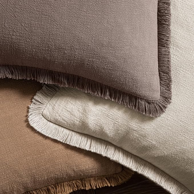MIULEE Decorative Throw Pillow Covers Neutral Linen Fringe Throw Pillows Euro Shams Set of 2 Malt Ball Boho Farmhouse Cushion Covers for Couch Sofa Bed Living Room Fall Home Decor 26x26 Inch