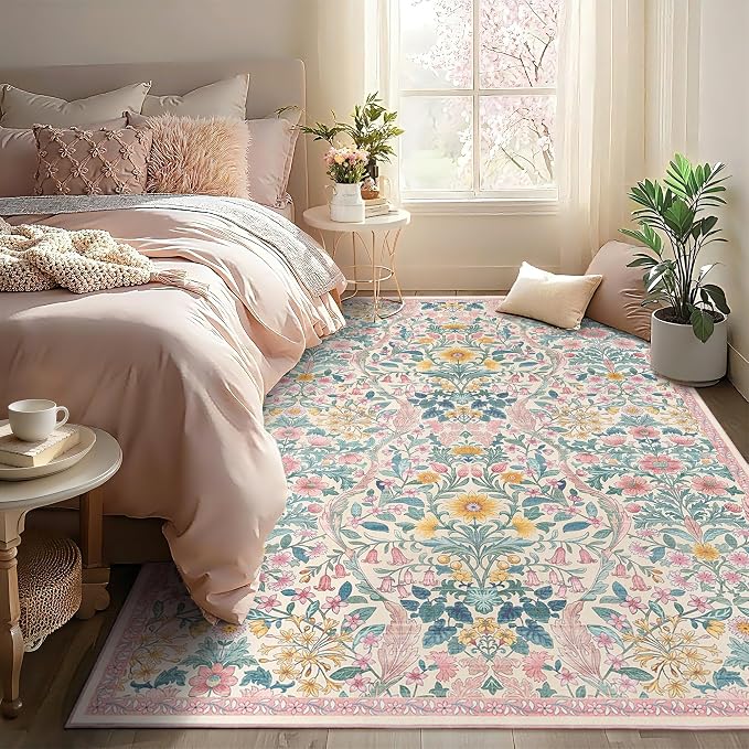 5×7 Area Rugs Light Pink Washable Floral Rug,Vintage Boho Soft Low-Pile Living Room Rugs, Stain Resistant Botanical Non-Slip Carpet for Girls Bedroom,Dining Room,Kids Nursery,Home Decor