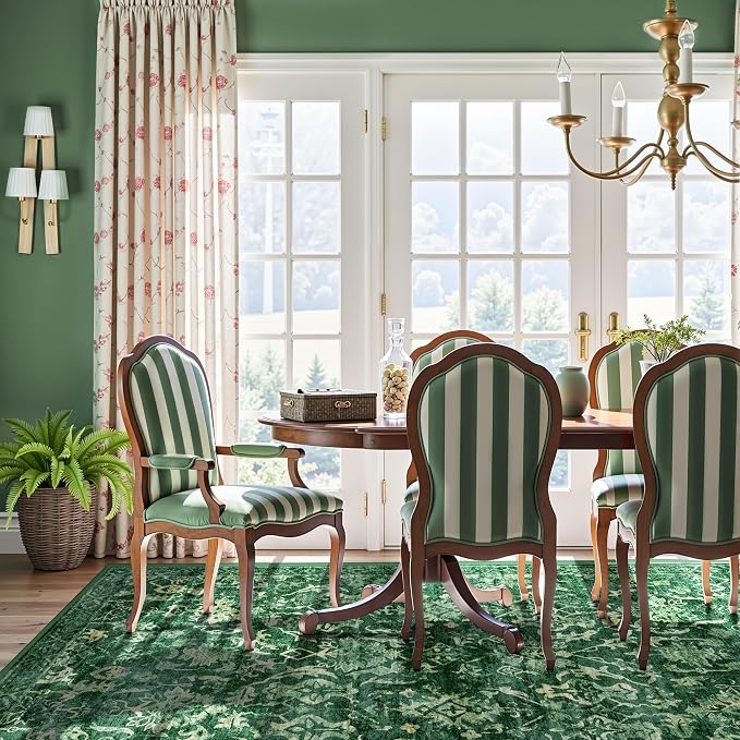 Dark Green Area Rugs 7x9 for Bedroom Nursery, Machine Washable Vintage Rugs, Distressed Living Room Rug, Non Slip Rugs for Living Room Rug Carpet Green for Dining