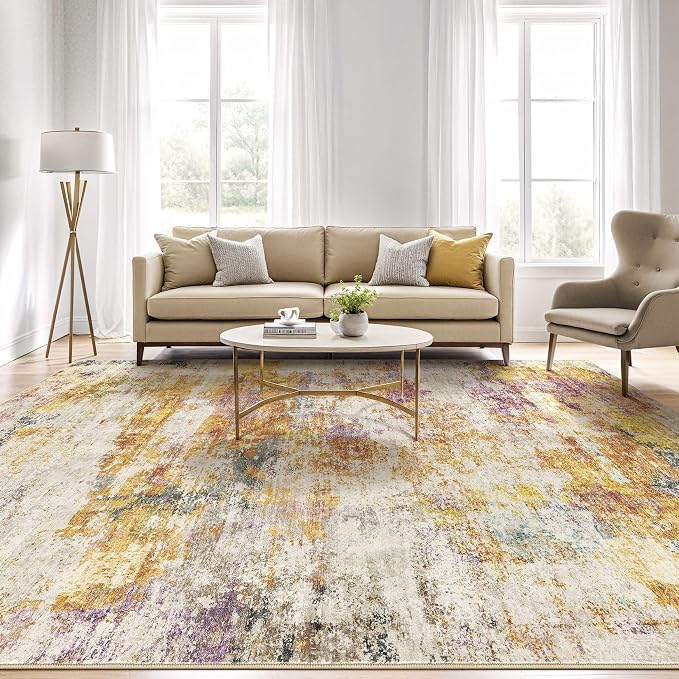 5x7 Area Rugs Living Room: Machine Washable Large Abstract Modern Soft Rug Stain Resistant Indoor Floor Non-Slip Accent Carpet for Bedroom Nursery Playroom Office Dining Room Dorm- Gold Colorful