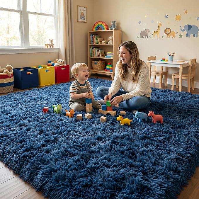 Fluffy Rugs for Bedroom: Navy Blue Soft Shag Rug for Living Room, Large Fuzzy Plush Indoor Carpet Non Slip Modern Rug for Nursery Kids Room Dorms Office Home Decor, 5x8 Feet