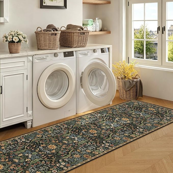 3x10 Washable Runner Rug,Black Brown Floral Boho Area Rug for Hallway,Low-Pile Non-Slip Stain Resistant Long Carpet for Kitchen, Bedside,Laundry Room,Entryway