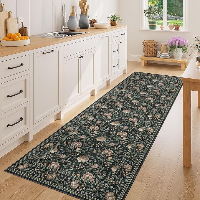 DUKINO 2x6 Runner Rug, Washable Vintage Floral Kitchen Rug, Dark Green | Non Slip, Low Pile, Non-Shedding, Stain Resistant Soft Carpet Runner for Hallway Bathroom Entryway Bedroom Laundry Farmhouse
