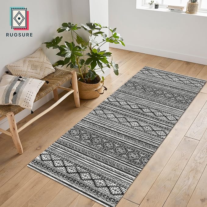 RUGSURE Washable Area Rugs 2'6'' x 8' - 1/6 Thick - Moroccan-Inspired -Stain & Water Resistant Non-Slip - Resistant Rug for Living Room, Bedroom, Nursery, Pet & Child Friendly (Black)
