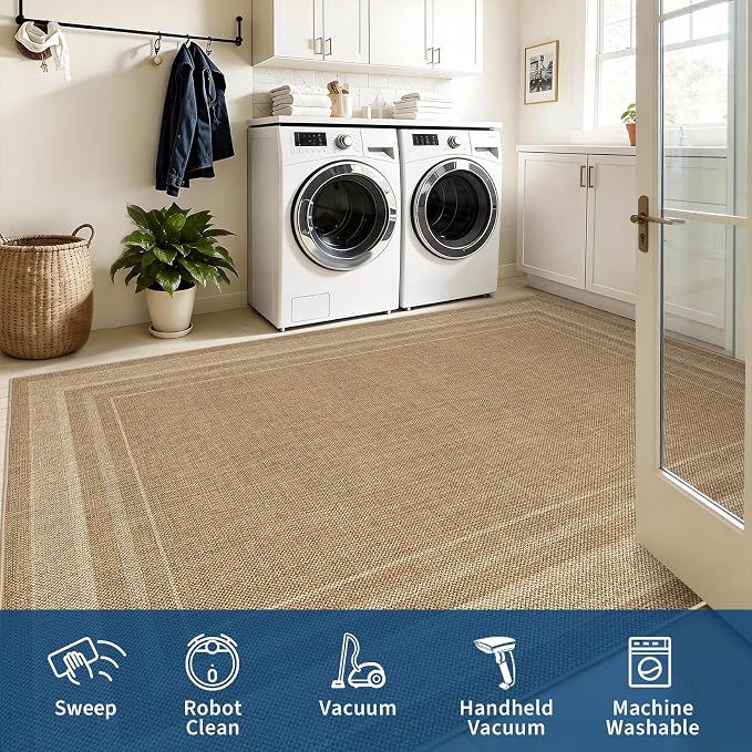 GarveeHome Washable Bedroom 4x6 Area Rug Modern Solid Easy Jute Area Rugs | Non Slip Stain Resistant Living Room Throw Carpet Low Pile Easy Jutes Rugs for Kitchen Nursery Entryway Dorm Kids Room, Jute