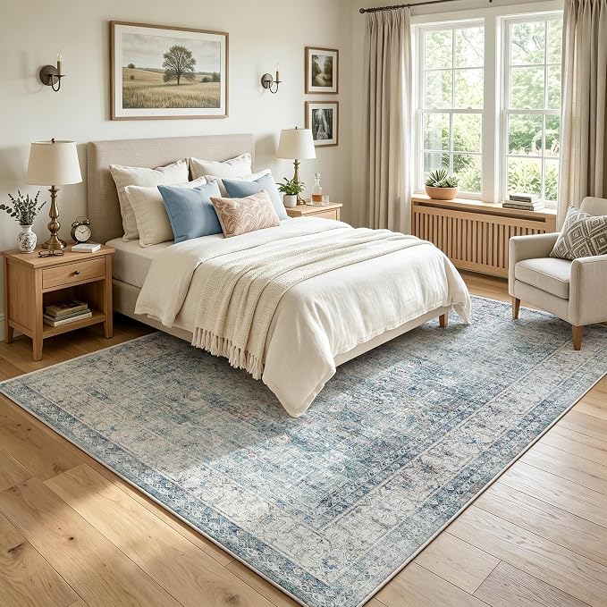 Beauoop 5x7 Washable Blue Neutral Vintage Oriental Area Rug for Living Room | Distressed Retro Traditional Pattern Non Slip Low Pile Soft Indoor Large Carpet Dusty Blue Bedroom Dining Room Office Nursery
