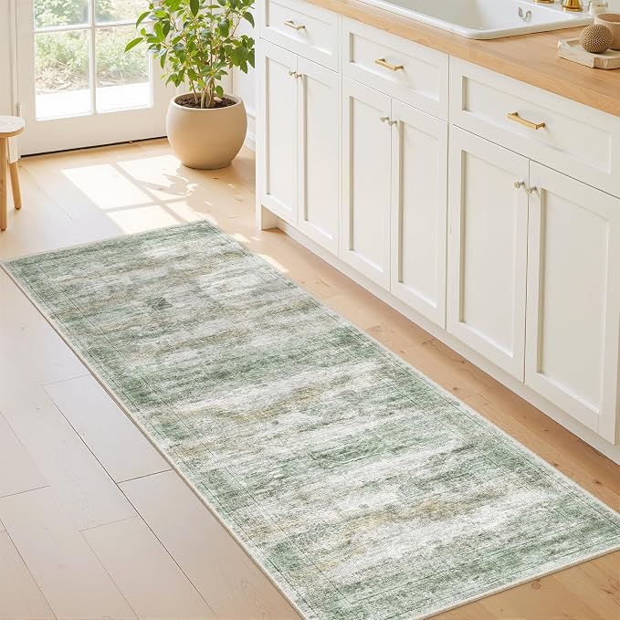 2x6 Runner Rug Non Slip,Washable Hallway Runner Rug,Green | Neutral Rugs for Kitchen,Entryway,Bedroom,Bathroom,Nursery Room,Thin,Soft Runner Rug,Stain Resistant Indoor Carpet