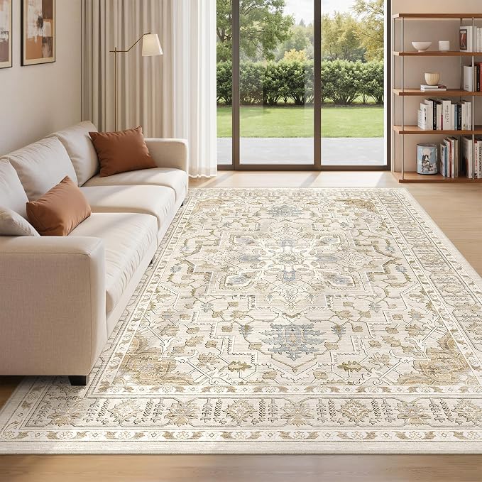 befbee 6x9 Area Rug for Living Rooms, Stain Resistant Neutral Washable Rugs for Dining Rooms, Floral Vintage Non-Slip Thin Large Size Area Rugs(Beige)