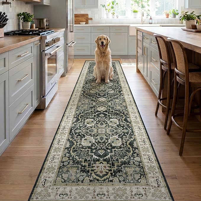 3x10 Non Slip Hallway Runner Rug - Washable Vintage Distressed Kitchen Carpet, Ultra-Thin Soft Low Pile Entryway Mat with Rubber Backing for Bedroom Living Room (Black)