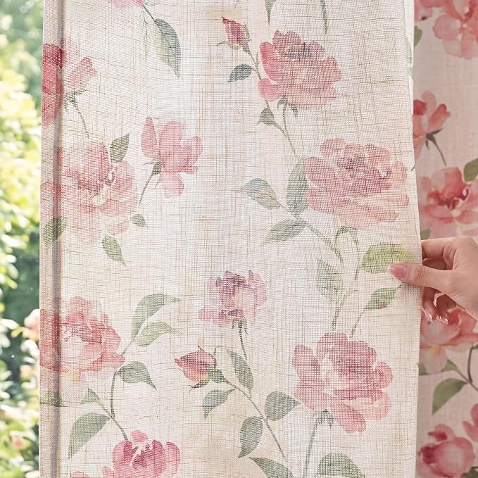 jinchan Pink Floral Linen Curtains 63 Inch Cottagecore Back Tab 2 Panels | Light filtering drapes, semi sheer, farmhouse, watercolor, romantic, living room, bedroom, rod pocket, window treatment