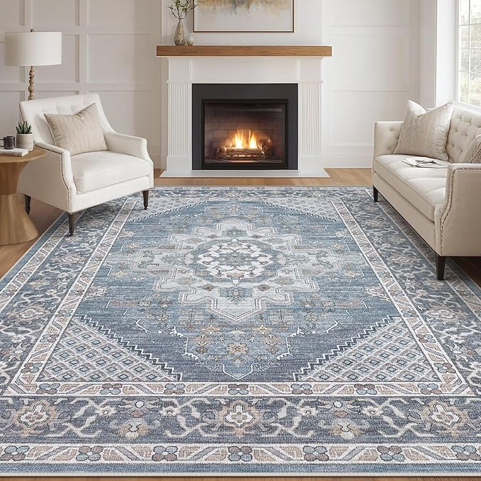 Tortania Area Rug Living Room Rugs - 10x12 Washable Boho Rug Vintage Oriental Distressed Farmhouse Large Thin Indoor Carpet for Living Room Bedroom Under Dining Table Home Office - Blue