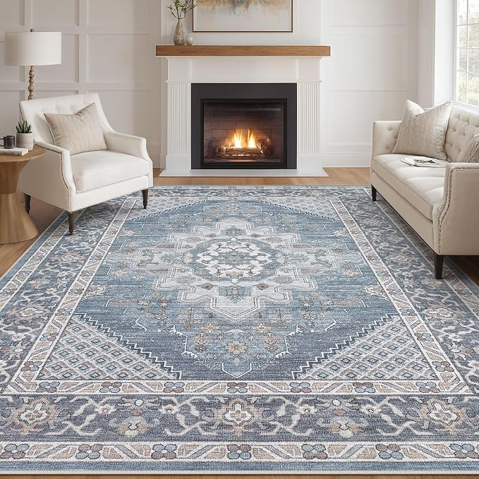 Tortania Area Rug Living Room Rugs - 10x14 Washable Boho Rug Vintage Oriental Distressed Farmhouse Large Thin Indoor Carpet for Living Room Bedroom Under Dining Table Home Office - Blue